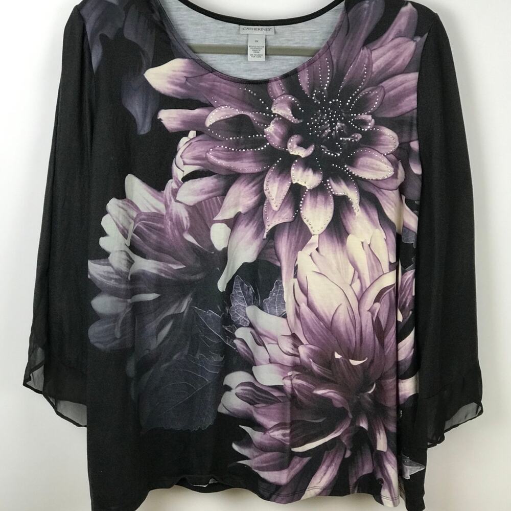Catherines 3X Purple Floral on Black Silver Embellishments Bell Sleeve Blouse